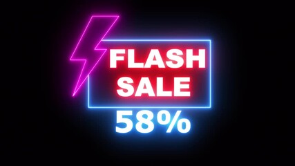Flash sale neon light sign, purple and blue colors, Glowing neon line of FLASH SALE 58% sign banner for promo video. Shopping, great discount and clearance, social media, communication. - Powered by Adobe