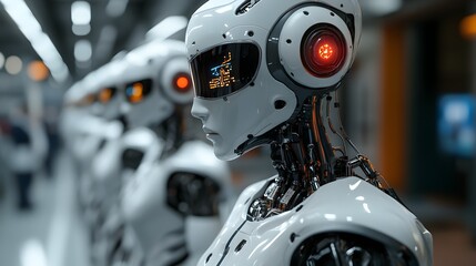 Fototapeta premium A robot is standing in a line of robots