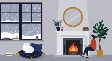A cozy winter scene with a woman reading by the fireplace, a cat on a pillow, and snow falling outside the window, creating a warm and inviting atmosphere