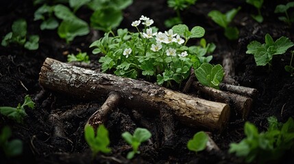 Small white flowers nestled amidst dark soil and wood