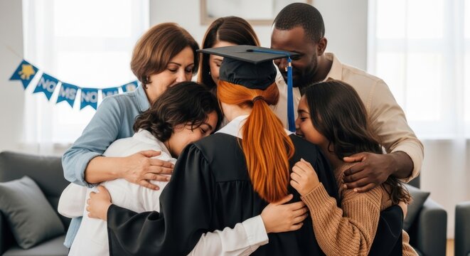 A family hugging in a living room with a graduation cap on the woman's head. - Powered by Adobe