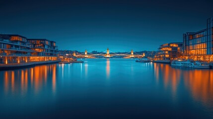 Cityscape at dusk, reflecting lights on still water