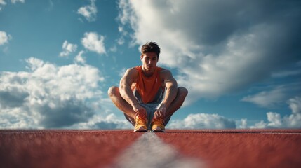 Athlete tying shoes on track, sunlit