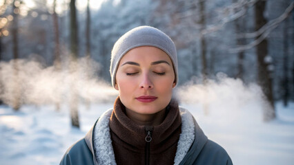 Winter wellness retreat for relaxation and healing. Calm woman exhaling steam in a snowy forest, embodying tranquility and winter serenity.