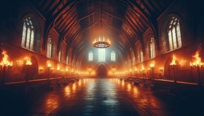 Obraz premium Grand empty gothic hall with vaulted ceiling Chandelier and wall torches cast warm firelight on long tables