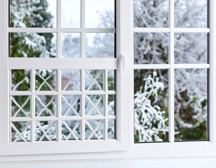 White window with snow-covered trees outside