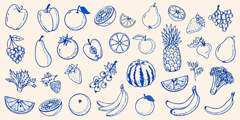 Hand Drawn Collection Of Various Fruits And Vegetables In Blue Outline On Beige illustration