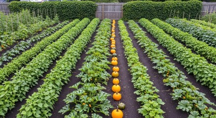 A vegetable garden with rows of green plants and pumpkins, with a wooden fence and hedge in the background.