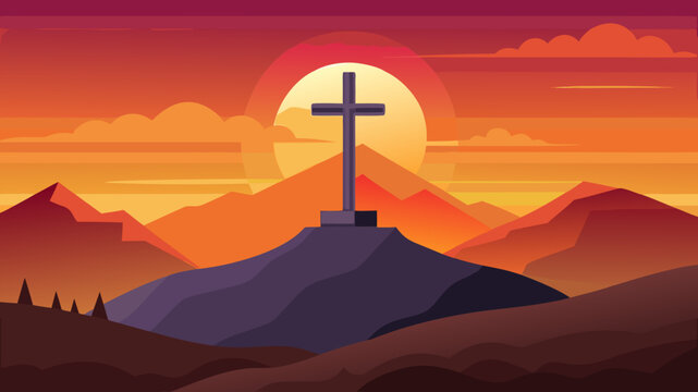Christian cross silhouetted against a vibrant sunset over mountainous landscape