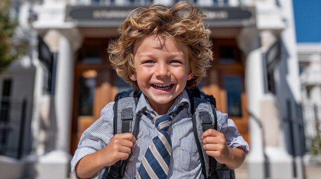 Portrait of a smiling schoolboy with backpack in front of school building