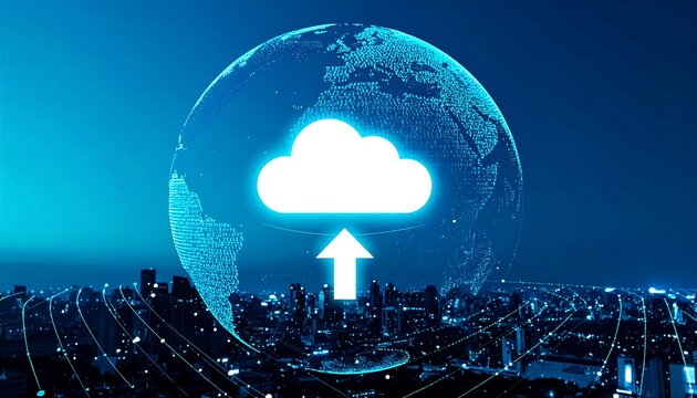 Global cloud upload depicted against a night cityscape. - Powered by Adobe