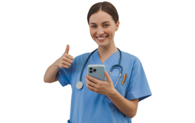 Nurse in Blue Scrubs Holding Phone to Chest and Thumbs Up Gesture, Angled View, Isolated on Transparent Background