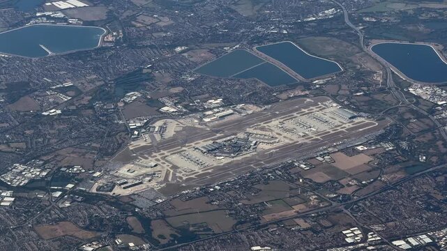 4k aerial video footage of the London Borough of Hillingdon area with London Heathrow Airport and its  Runways, Taxiways and Terminal Buildings, located in the Greater London Urban Area 