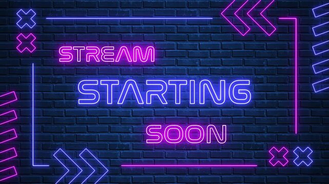 stream starting soon neon lights text and border frame on blue brick wall animation, streaming and broadcasting social media motion design element	