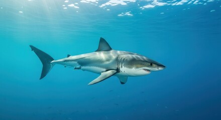 Fototapeta premium A great white shark swimming in clear blue water.