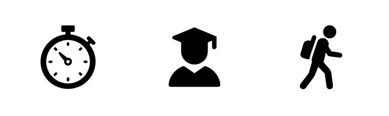 Stopwatch graduation cap person with backpack icons timer time