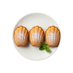 Golden-brown Madeleine cakes with powdered sugar, mint sprig on white plate, transparent shadowless background, top-down view, soft lighting, concept of pristine culinary perfection