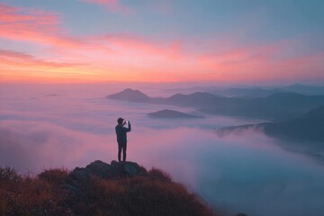 Obraz premium Sunrise over Misty Mountains: A Breathtaking View