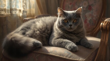 Grey and Orange Cat on Chair with Curtains