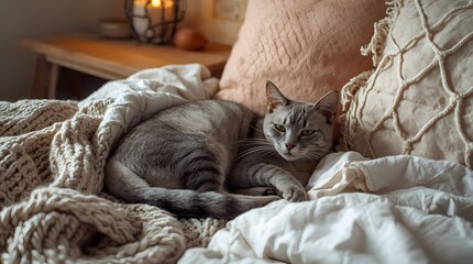Gray Cat Lying on Bed with Blanket