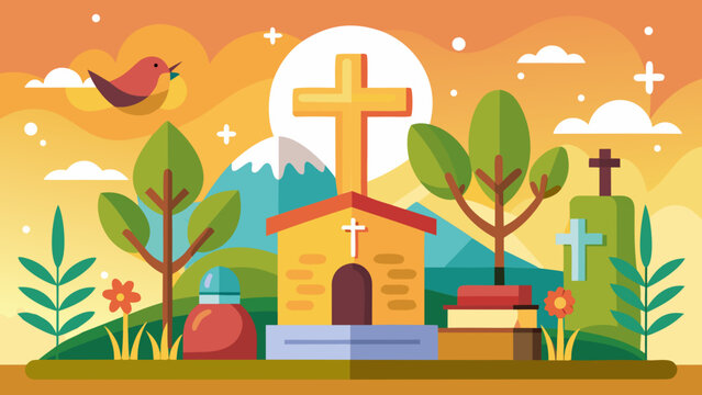 Charming flat design illustration of a small church with crosses and nature elements
