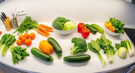 A variety of fresh vegetables and fruits on a kitchen countertop.