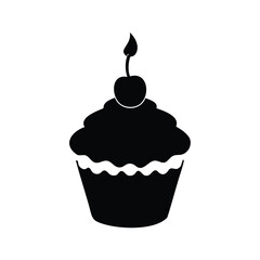 Isolated black silhouette of a cupcake with cherry on top, on white, cupcake silhouette vector illustration