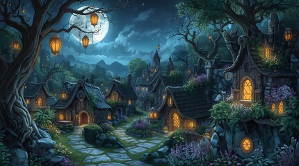 Halloween fantasy village at night with glowing pumpkins