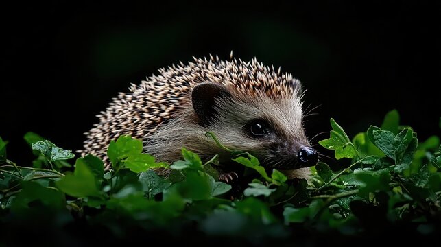 Close-up of a hedgehog nestled in greenery - Powered by Adobe