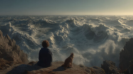 A man and his dog are sitting on a rock overlooking the ocean. The waves are crashing against the shore, creating a powerful and majestic scene. The man and his dog seem to be enjoying the view