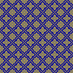 Elegant Thai floral pattern design in rich blue and gold, perfect for decorative backgrounds