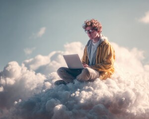 Person sits on a cloud, working on a laptop under a partly cloudy sky