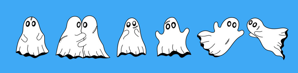 Cute ghost character set. Halloween character in different poses - flying, scared, kissing, ashamed, scaring . White ghost with black eyes, Cute spooky ghost. Isolated background. Vector illustration