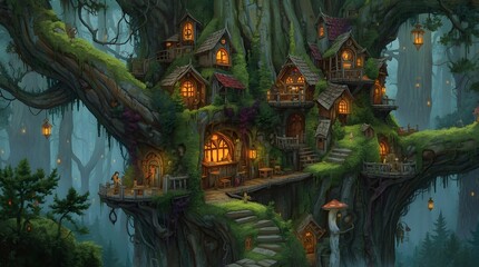 Fototapeta premium Enchanted Village Treehouse with Glowing Lanterns