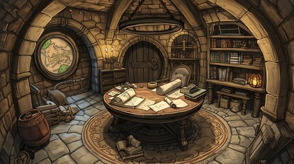 Mystical Study with Giant Book and Hidden Door