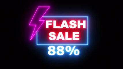 Flash sale neon light sign, purple and blue colors, Glowing neon line of FLASH SALE 88% sign banner for promo video. Shopping, great discount and clearance, social media, communication. - Powered by Adobe