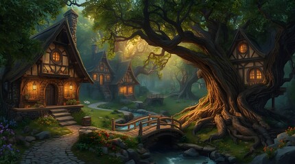 Enchanted Village with Gingerbread Houses and Tree Trunks at Dusk