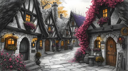 Whimsical Fairytale Cottage Village Scene with Pink Flowers and Street Lamps