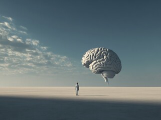 Giant Brain Contemplation: A Man Faces Immense Intellect in a Desolate Landscape
