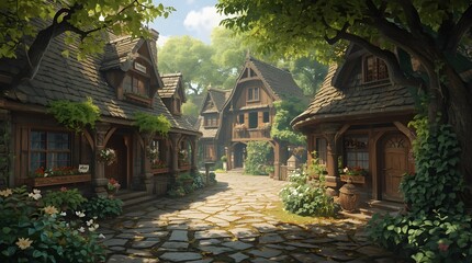 Rustic Village Houses - Cozy Cottages with Flowering Trees and Stone Paths