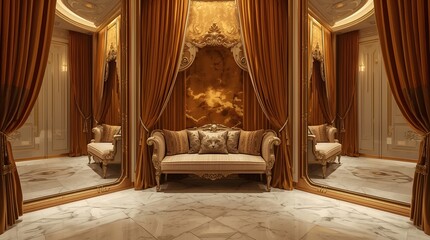 Luxurious Hotel Room Interior Design with Golden Curtains and Chandelier