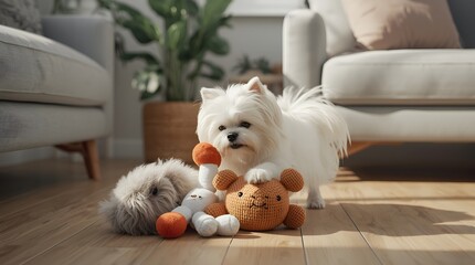 White Dog with Teddy Bears in Home Environment