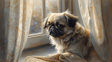 Sad Pug Looking Out Window