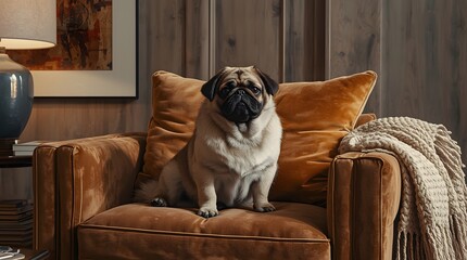 Pug dog sitting on brown couch, relaxed indoor setting with wooden wall and neutral tones