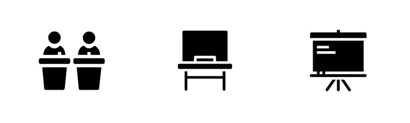 Three icons depicting people at podiums a desk a presentation easel symbol