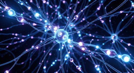 Fototapeta premium Neurons in a brain, glowing blue and purple, with a dark blue background.