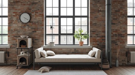 Brick Walled Loft Style Living Room with Window and Sofa