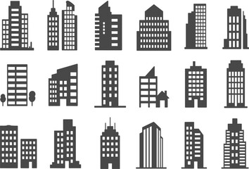 Modern building silhouettes, urban architecture icons, cityscape design elements, high-rise structures, skyscraper illustrations, real estate graphics, city icons, architectural elements
