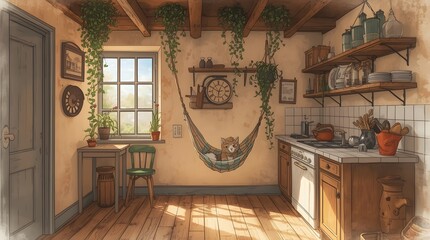 Rustic Kitchen with Hanging Plants and Wicker Chair
