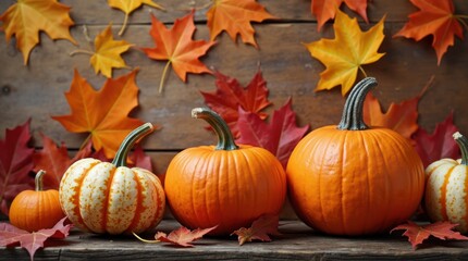 Orange pumpkins with seasonal squash and maple leaves displayed on natural wood surface for harvest celebration

